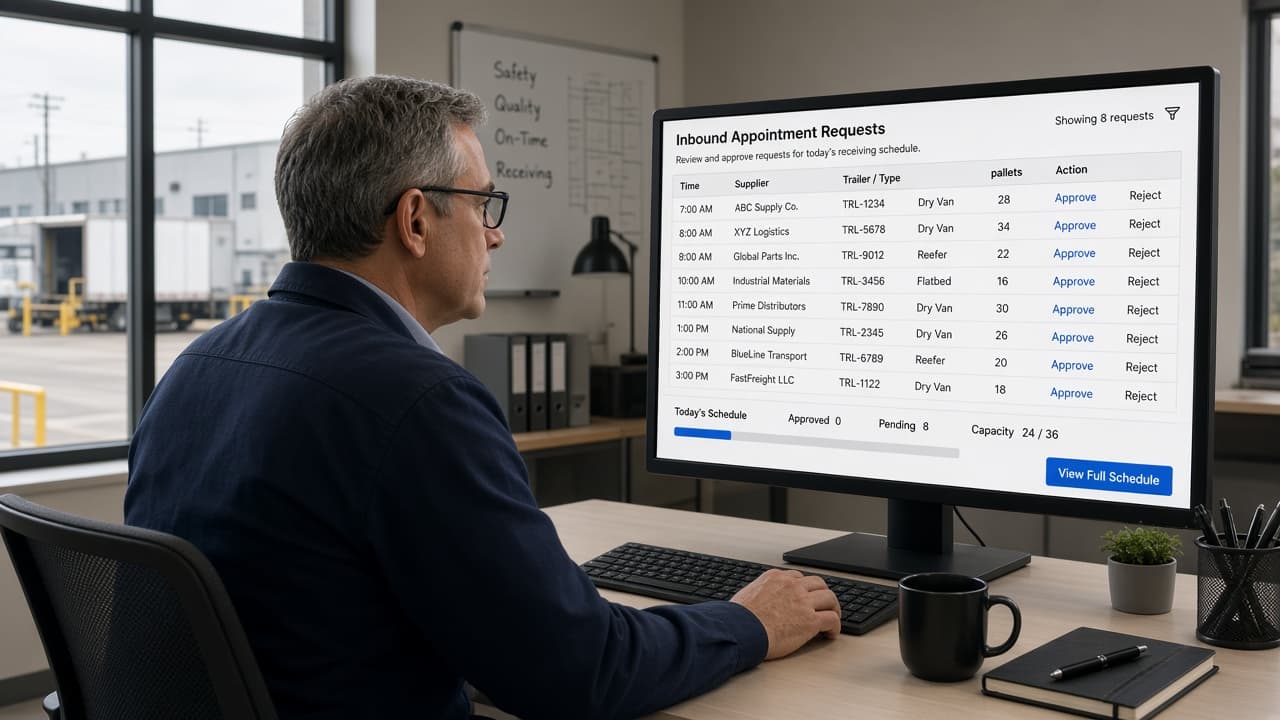 Plant manager reviewing inbound appointments and receiving capacity on a monitor