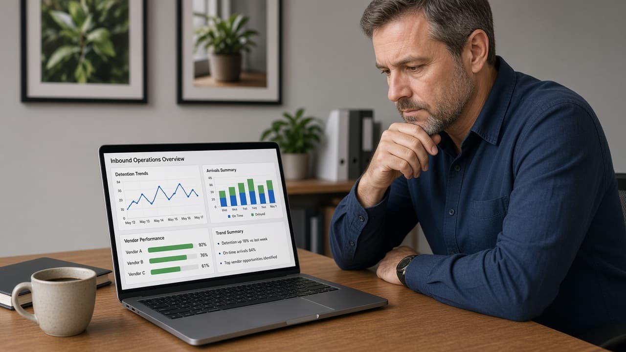 Plant manager reviewing inbound receiving performance reports on a laptop