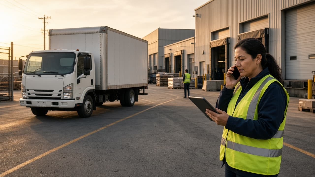 Plant coordinator using a tablet beside an urgent inbound truck in the yard